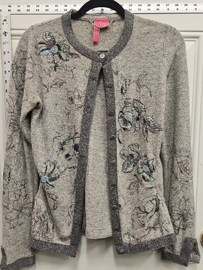 Charlotte Tarantola Gray Embroidered Floral Cardigan with Teal Accents